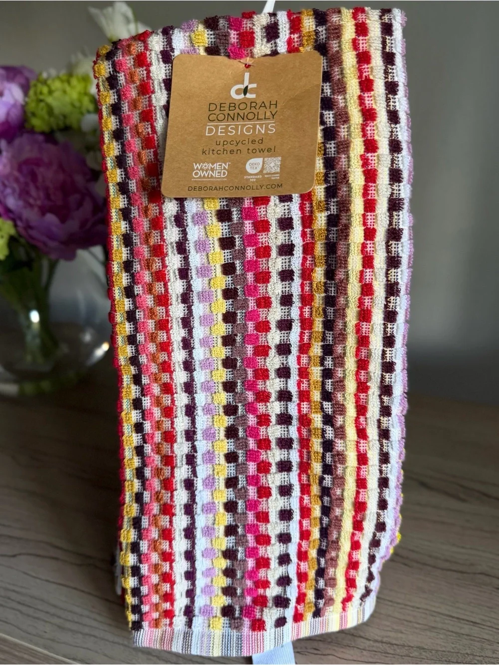 DEBORAH CONNOLLY FALL KITCHEN TOWELS (3) BLOCKS RED GOLD PURPLE 100% COTTON